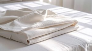 Cama de casal arrumada com jogo de lençol de malha 100% algodão Cozzilar em um quarto iluminado.