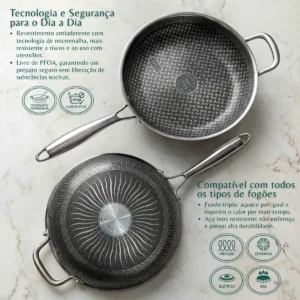 Visão superior da frigideira inox detalhando tecnologia, segurança e compatibilidade com fogões.