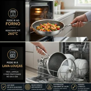 Frigideira antiaderente no forno e na lava-louças. Destaca versatilidade e facilidade de limpeza.