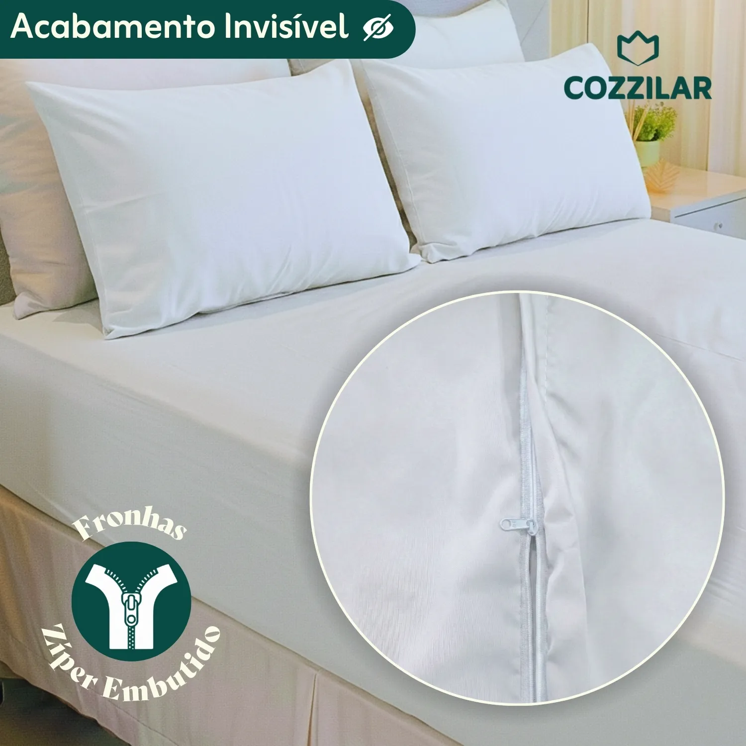 Jogo de Lençol King 400 Fios 3 Peças Branco 3 Jogo de lençol King branco Cozzilar na cama com duas fronhas. Destaque para o acabamento invisível e detalhe em zoom do zíper embutido nas fronhas.