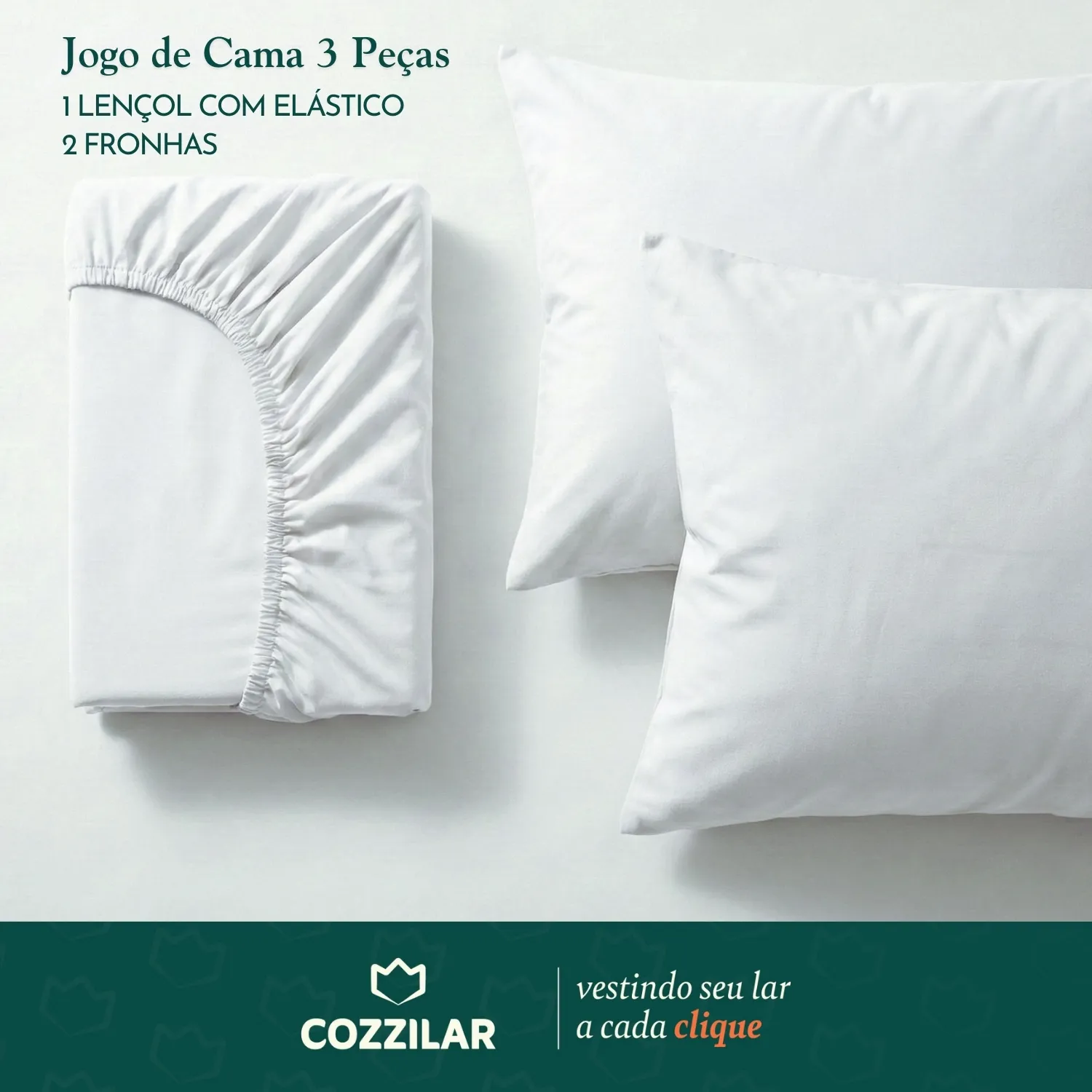 Jogo de Lençol King 400 Fios 3 Peças Branco 8 Kit completo do Jogo de Cama 3 Peças Cozzilar branco: 1 lençol com elástico dobrado e 2 fronhas sobre fundo branco.